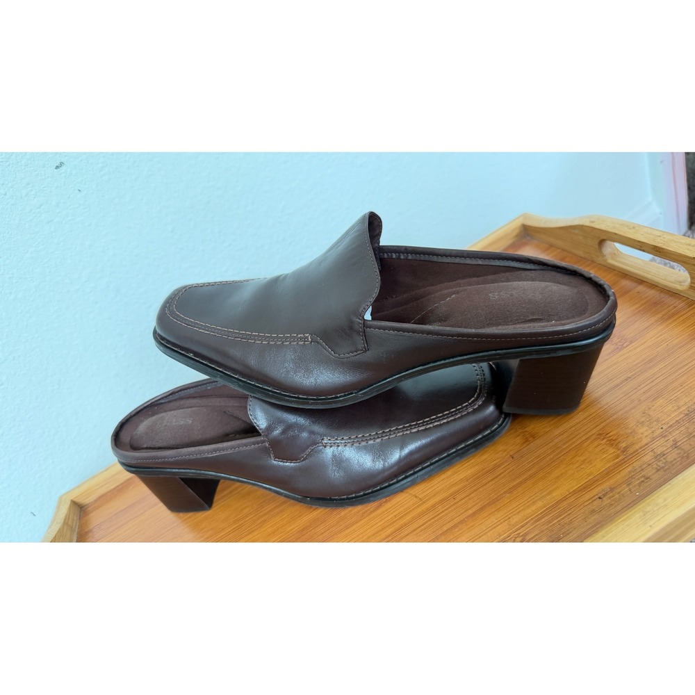 Bass Ceecee Brown Leather Square Toe Block Heel Mules 9.5M 621020A-206 Preppy - Picture 11 of 16